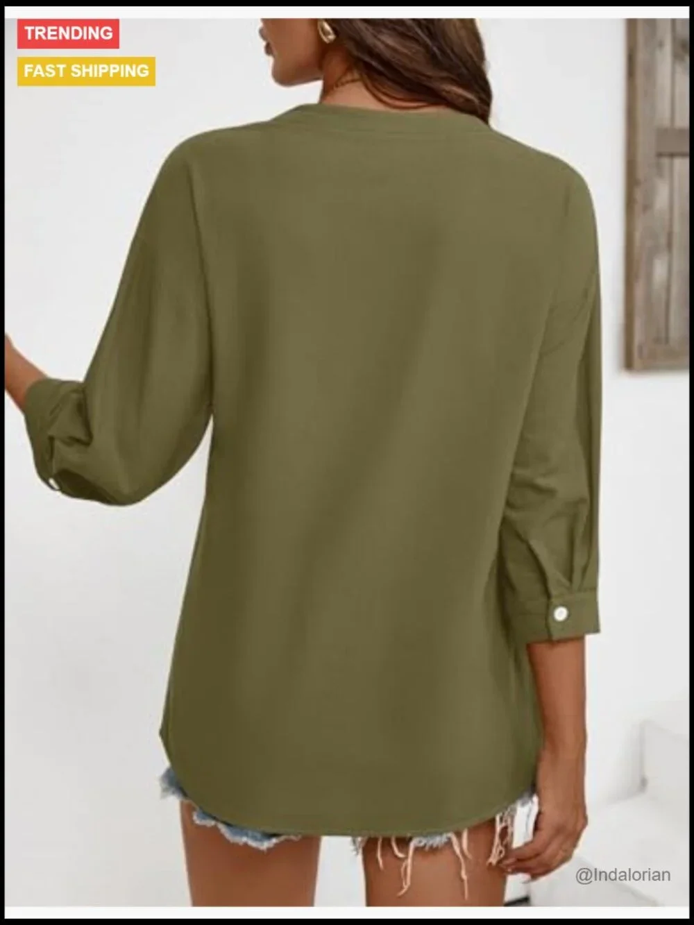 Cotton Linen 3/4 Sleeve Button Down Tunic Blouse Loose Fit V Neck - Picture 6 of 7